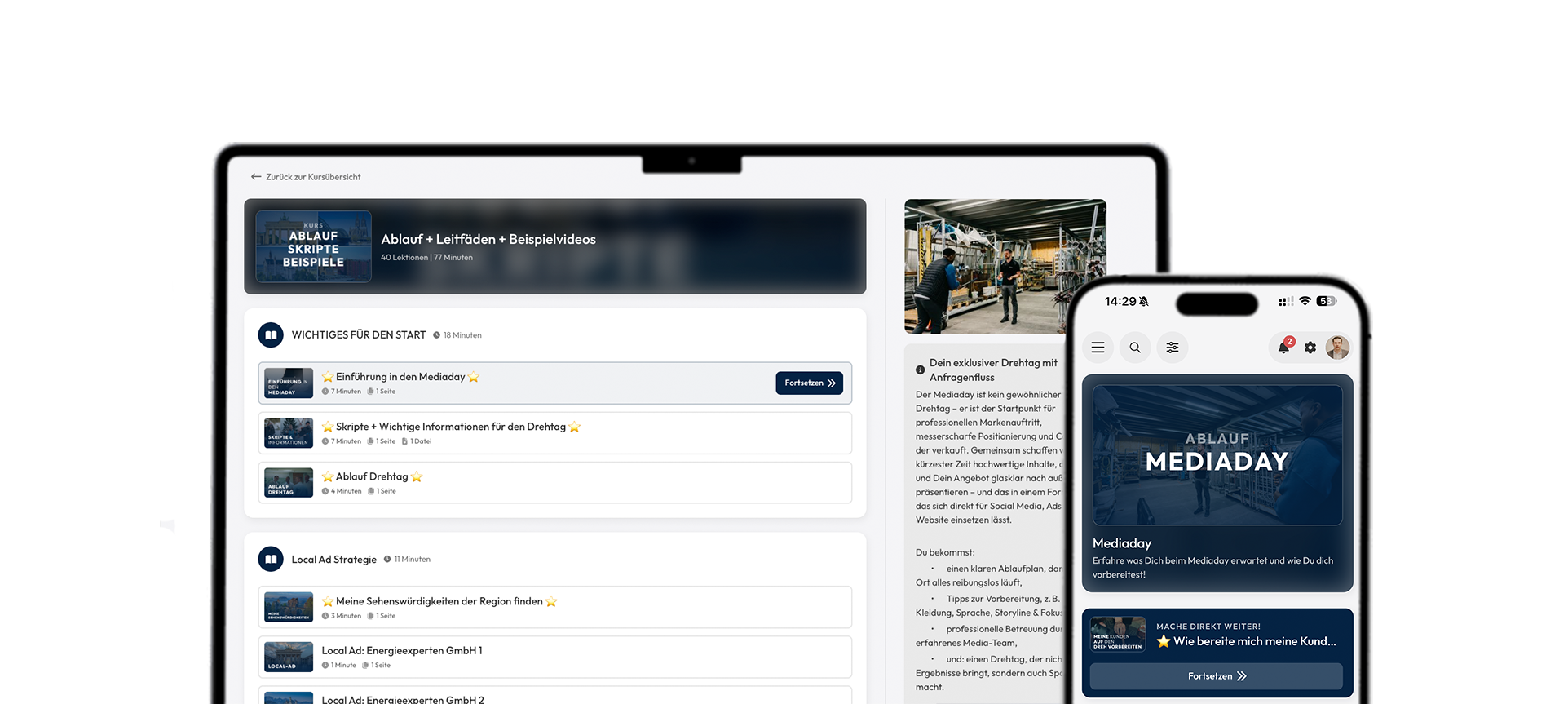 Anfragenfluss Media Day — MacBook + iPhone Kursbereich