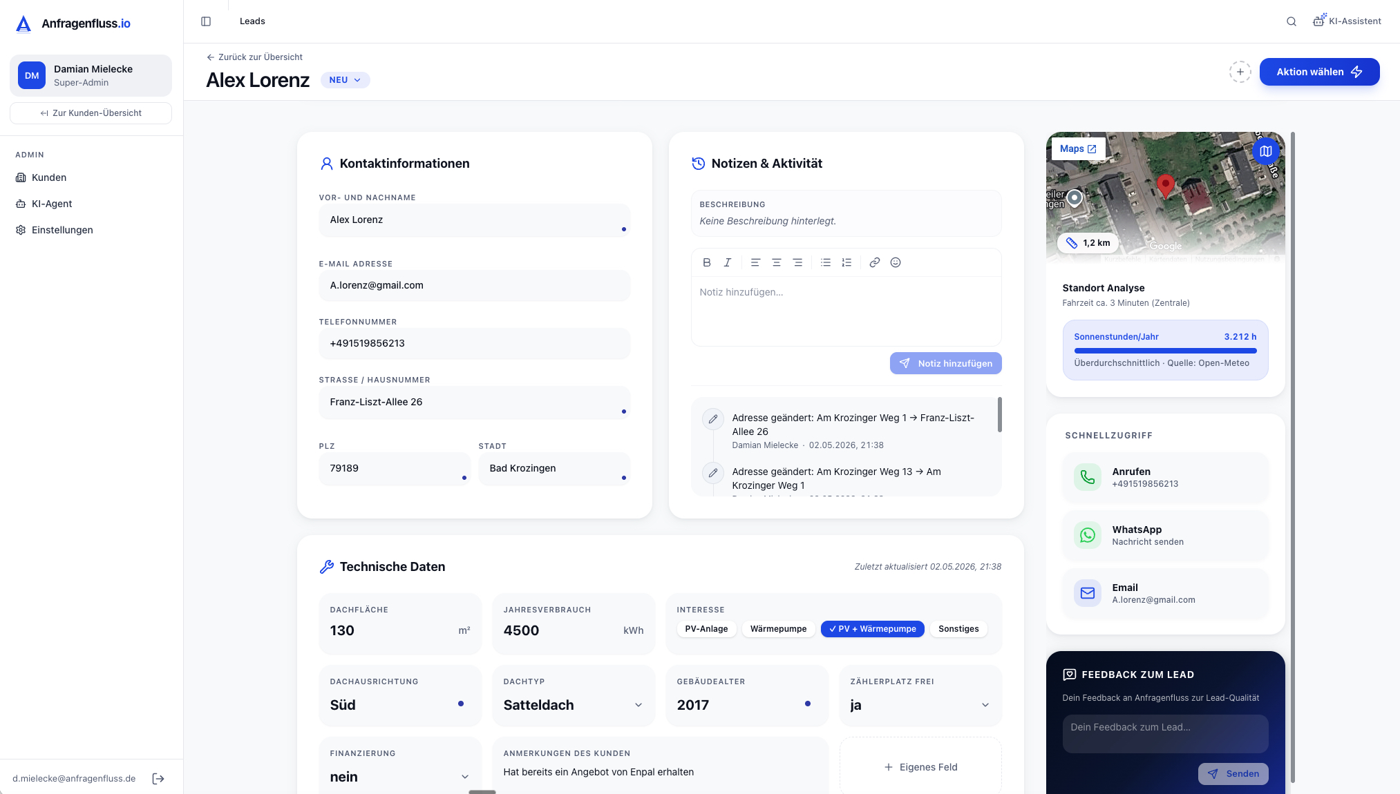 anfragenfluss.io — Lead-Detail Alex Lorenz mit Standort-Analyse, technischen Daten und Schnellzugriff